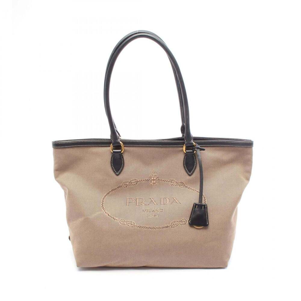 Prada LOGO JACQUARD Tote Bag/Handbag, Canvas/Leather, Women's, Brown/Black